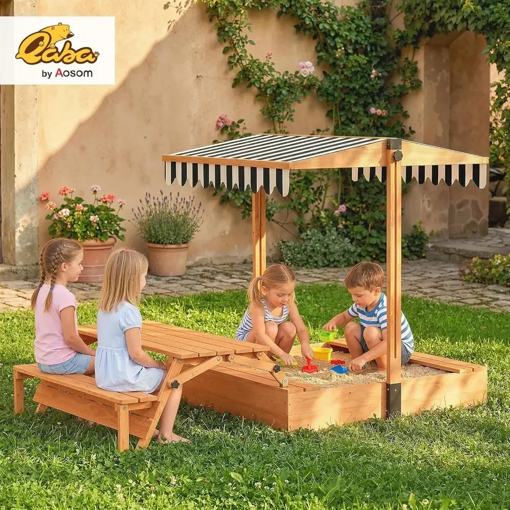 Qaba Kids Sandbox with Lid, Wo - đánh giá và giá Kids Outdoor Bench Table